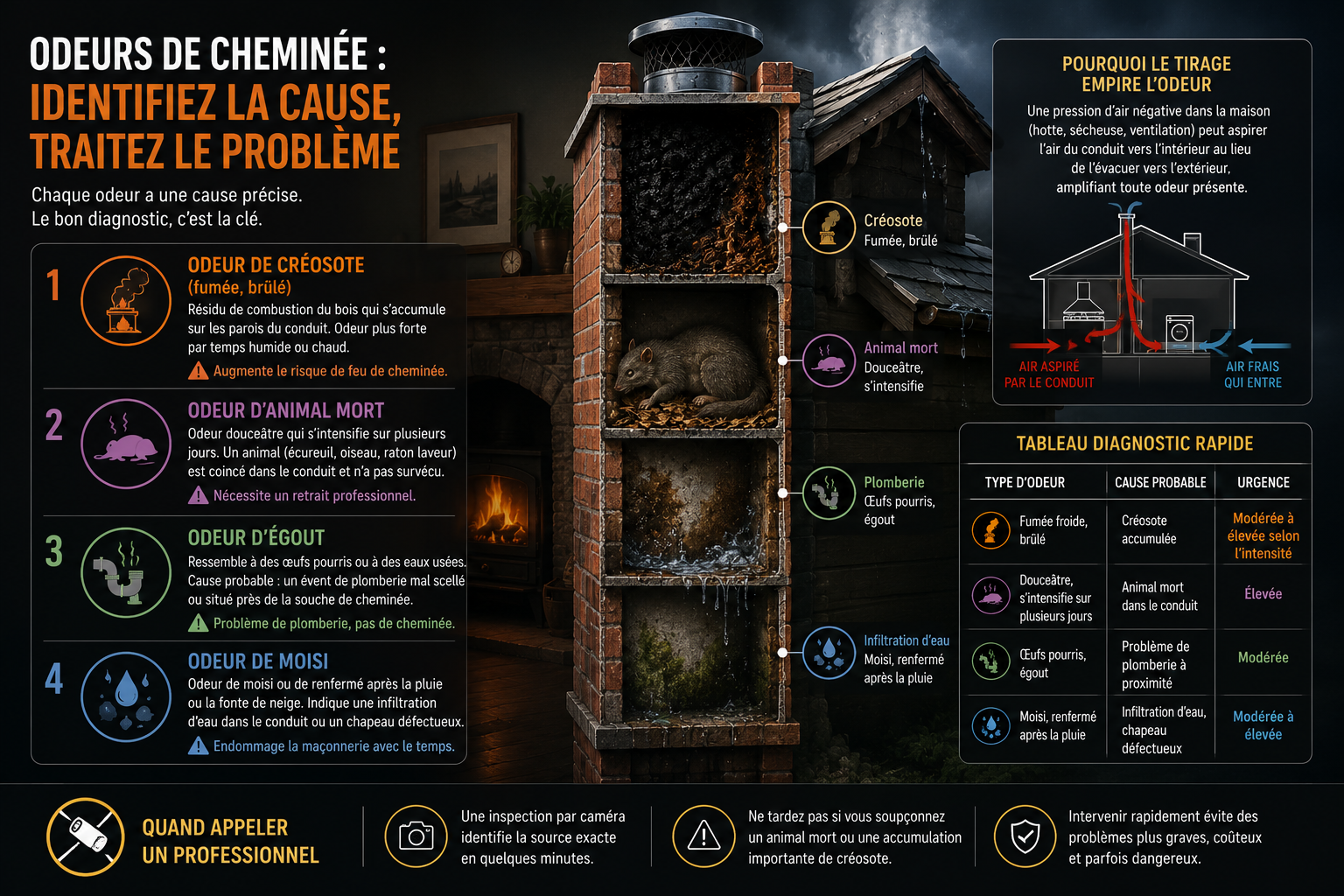 Les 4 causes d'odeur de cheminée: créosote, animal mort, plomberie et infiltration d'eau